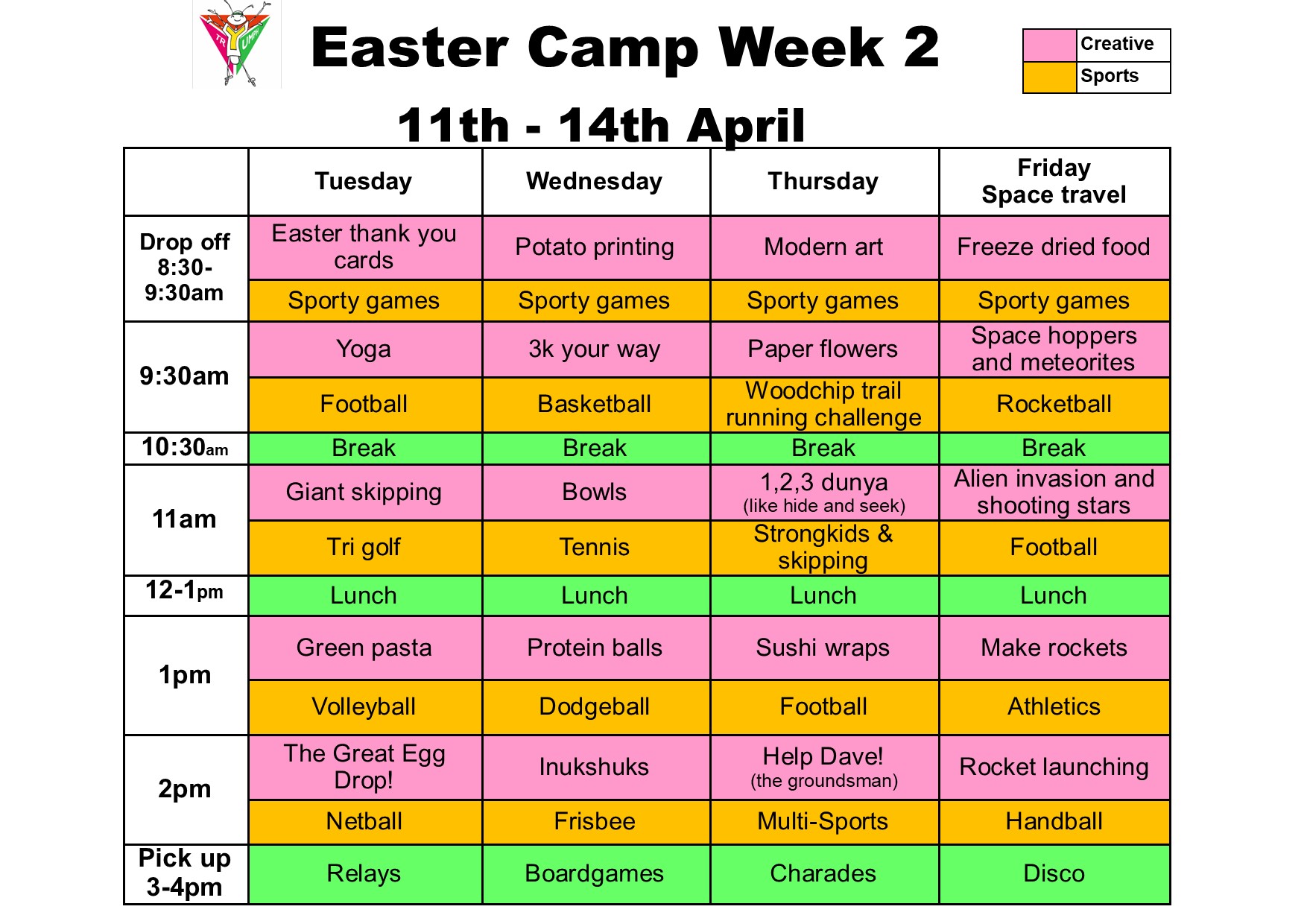 Easter Camp Schedule week 2 2023