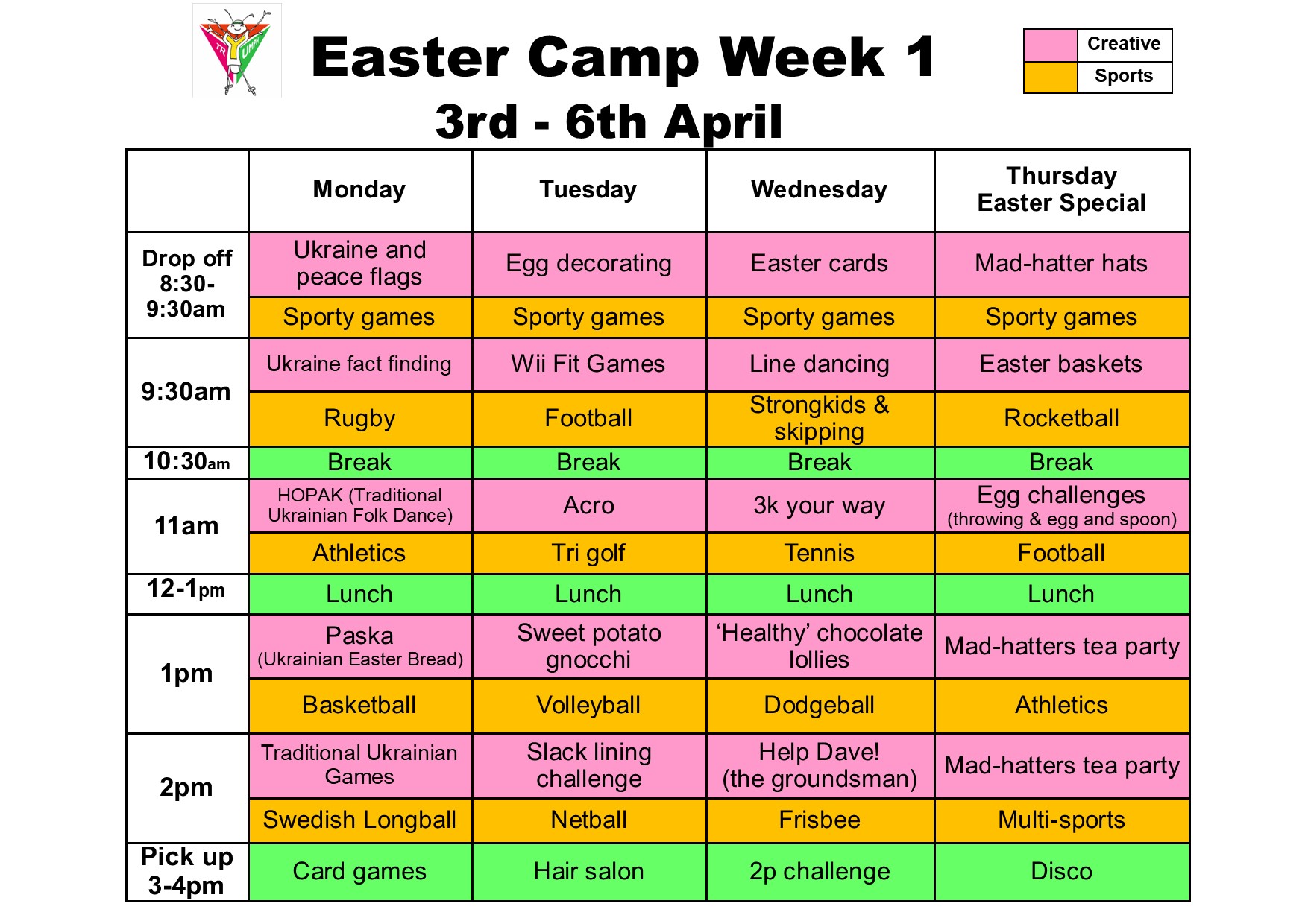 Easter camp schedule week 1 2023